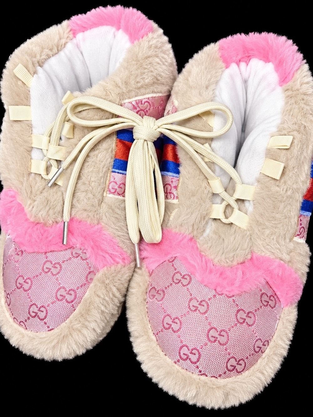 Beige and Pink Fur-Trim GG Monogram Slippers